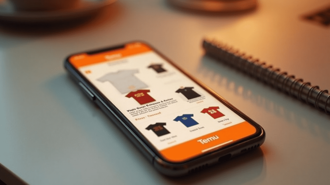 Ein Handy, auf dem die Temu-Shopping-App geöffnet ist und unterschiedliche T-Shirts zeigt, liegt auf einem Tisch.