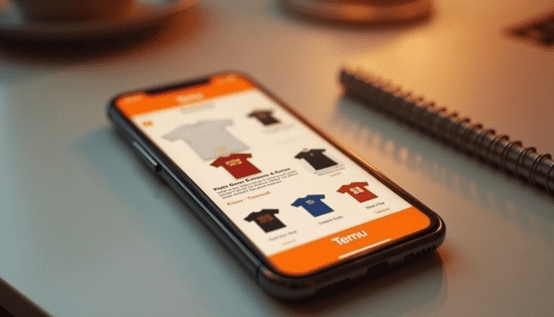Ein Handy, auf dem die Temu-Shopping-App geöffnet ist und unterschiedliche T-Shirts zeigt, liegt auf einem Tisch.