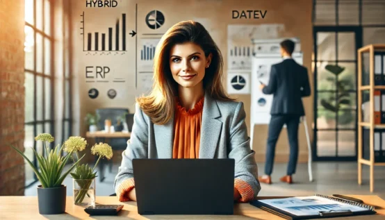 Buchhalterin, die mit einer hybriden Lösung zur Buchhaltung arbeitet
