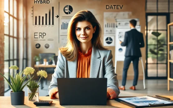 Buchhalterin, die mit einer hybriden Lösung zur Buchhaltung arbeitet