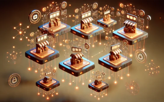 E-Commerce Plattform-Vergleich symbolisiert durch Marktstände auf unterschiedlichen physischen Plattformen.