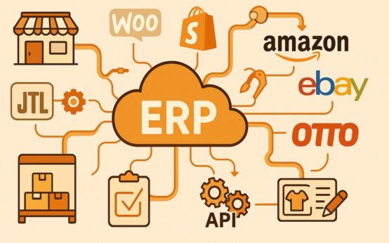 Zentrales ERP-System im E-Commerce mit Schnittstellen zu Shops.