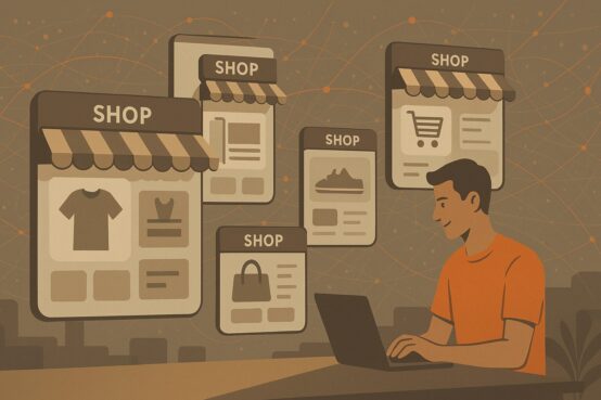 Ein aufgeräumter, virtueller Marktplatz mit verschiedenen Shops, die in schwebenden Fenstern dargestellt sind. Ein Mensch in einem orangen Shirt nutzt davor einen Laptop.