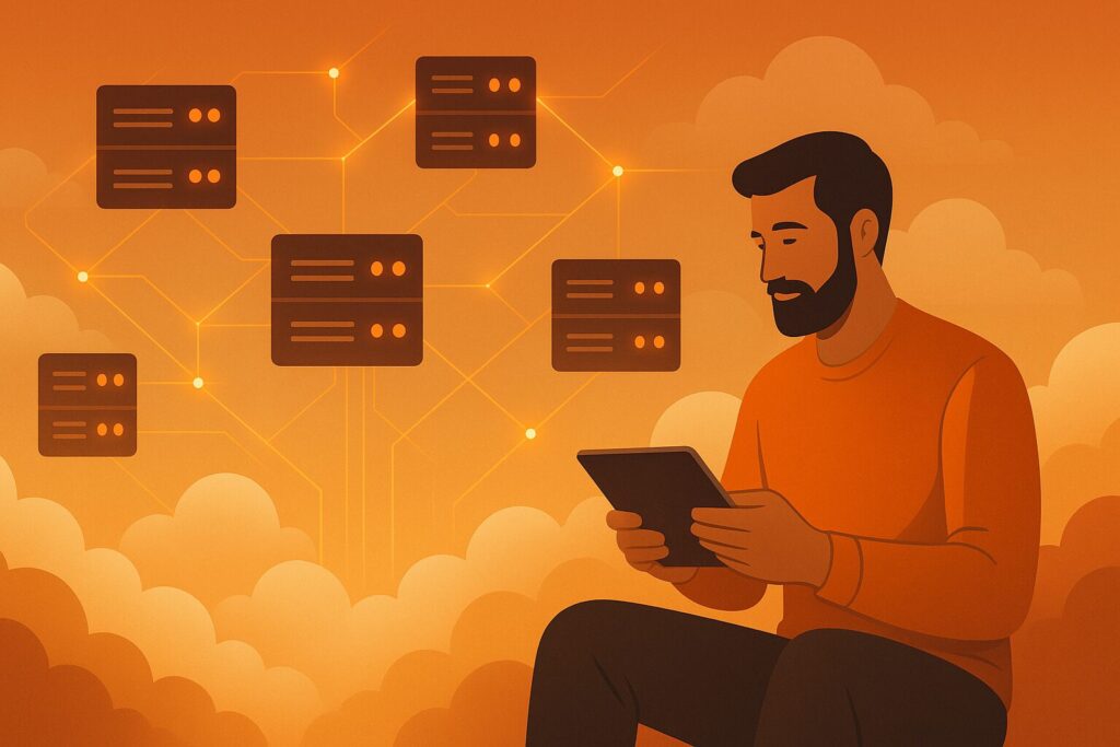 Ein abstrahiertes Rechenzentrum in den Wolken: Server-Symbole schweben leicht und sind verbunden mit digitalen Linien. Ein Händler nutzt entspannt ein Tablet im Vordergrund, während im Hintergrund alles automatisch läuft.