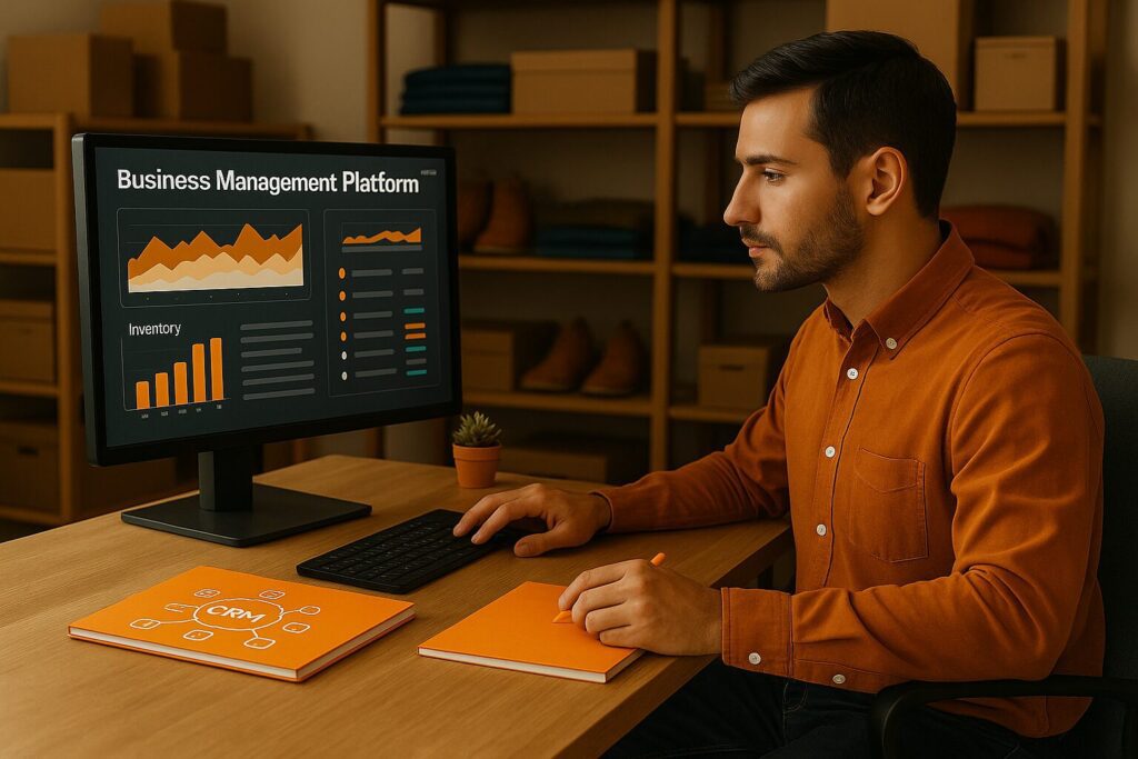 Eine Business-Management-Plattform für den Handel, die verschiedene Funktionen zeigt.