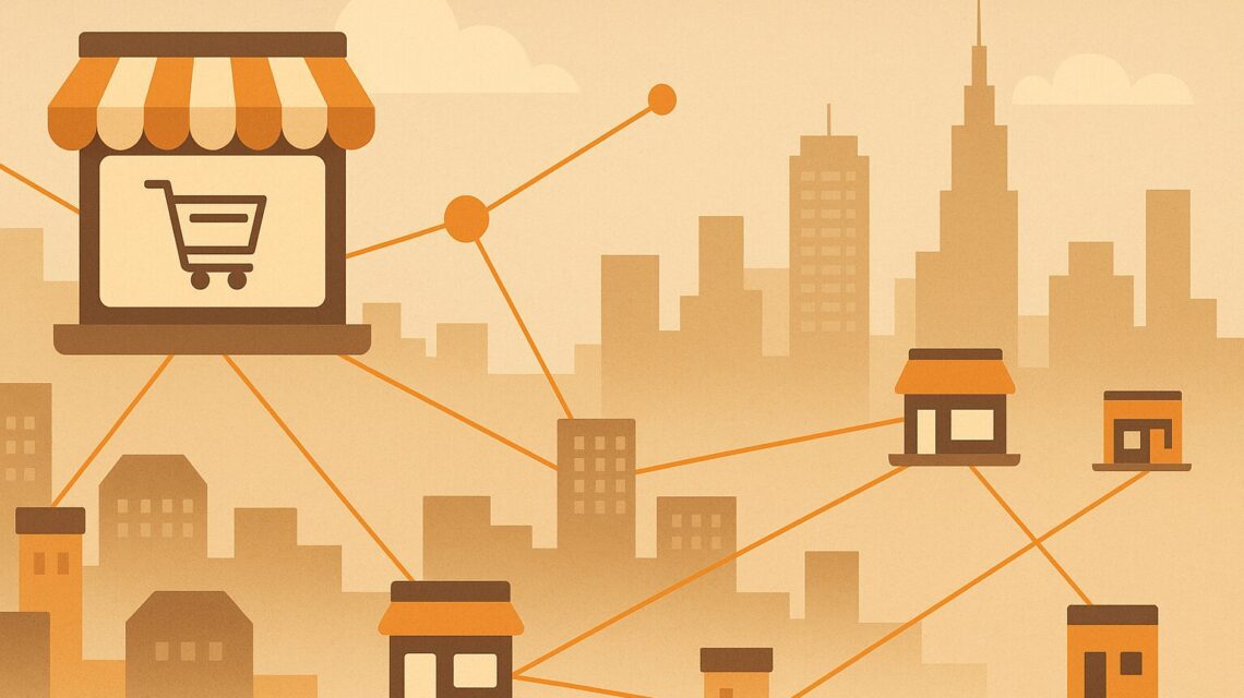 Vogelperspektive auf eine moderne, minimalistische Stadt mit digitalen Verbindungen zwischen Shops
