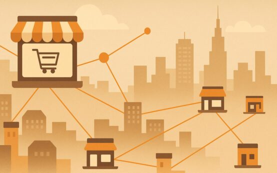 Vogelperspektive auf eine moderne, minimalistische Stadt mit digitalen Verbindungen zwischen Shops