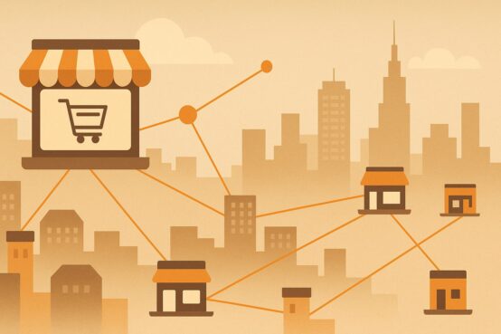 Vogelperspektive auf eine moderne, minimalistische Stadt mit digitalen Verbindungen zwischen Shops