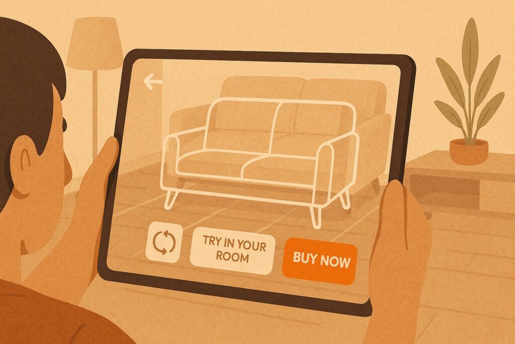 Kunde scannt mit Tablet ein Möbelstück ins Wohnzimmer