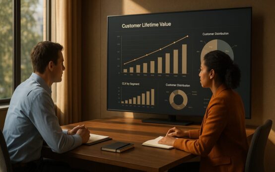 Zwei Mitarbeiter sitzen am Schreibtisch und schauen auf einen Bildschirm, der die positive Entwicklung des Customer Lifetime Value darstellt.