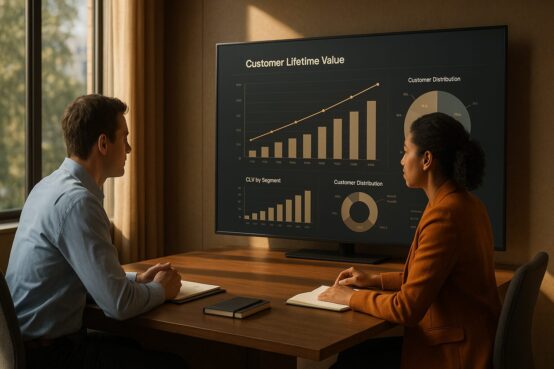 Zwei Mitarbeiter sitzen am Schreibtisch und schauen auf einen Bildschirm, der die positive Entwicklung des Customer Lifetime Value darstellt.