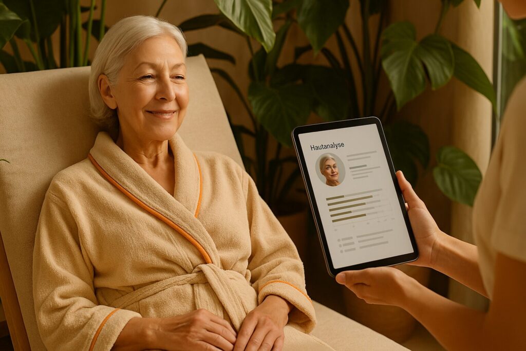 Hautanalyse im Spa: Eine ältere Dame auf einer Liege, im Vordergrund ist ein Tablet mit einer Seite zur Hautanalyse zu sehen.