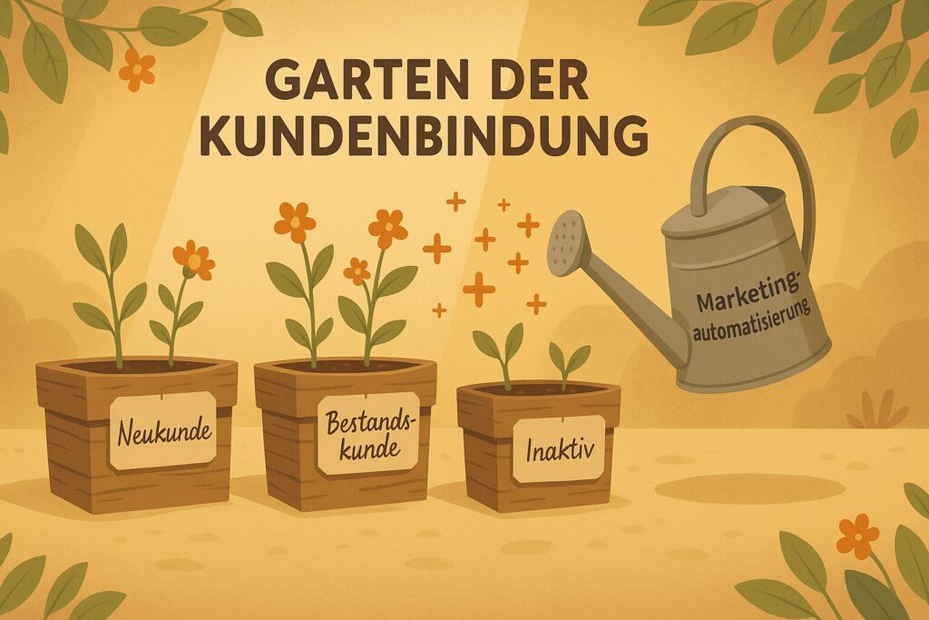 Metaphorische Darstellung von Workflows in der Marketingautomation (als Gießkanne, welche die Blumen (Kunden gießt): Sie kann die Kundenbindung stärken und inaktive Kunden reaktivieren