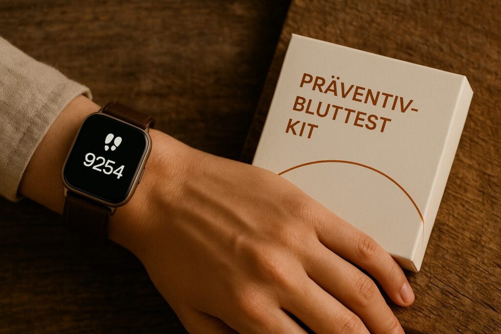 Eine Hand, an deren Handgelenk eine Smartwatch die Schritte anzeigt, liegt über einem Kit mit einem Bluttest