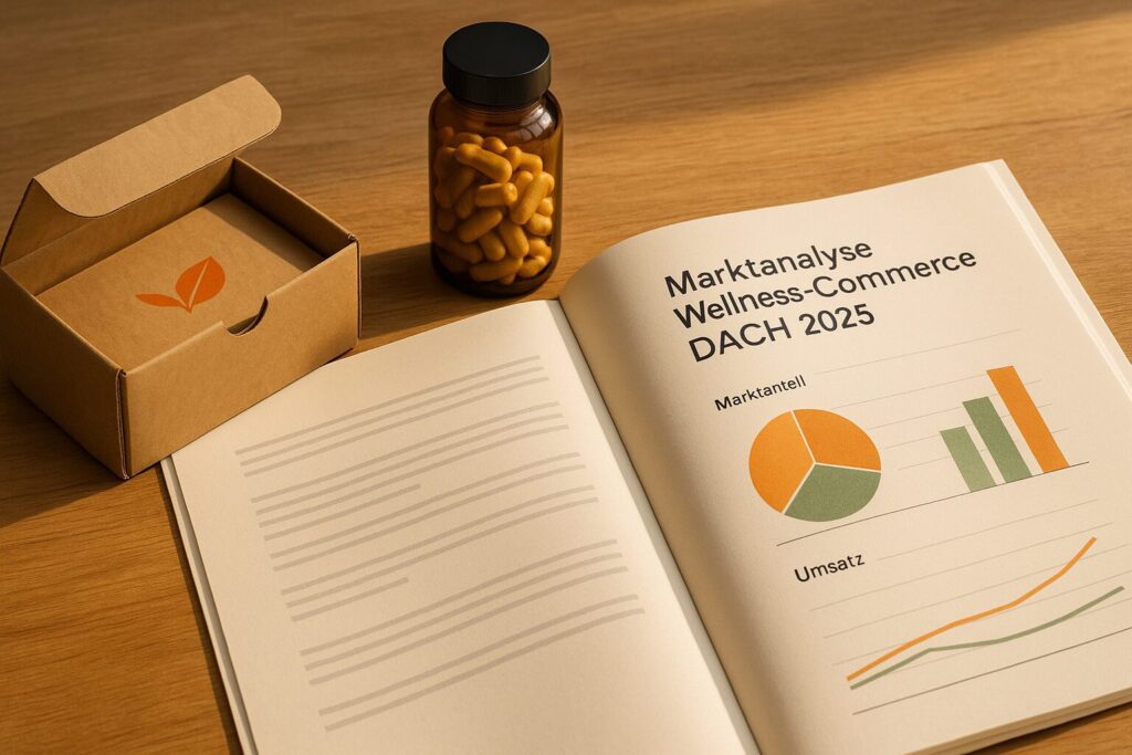 Aufgeschlagenes Dossier auf einem Tisch: zu erkennen sind mehrere Diagramme und die Aufschrift "Marktanalyse Wellness-Commerce DACH 2025"