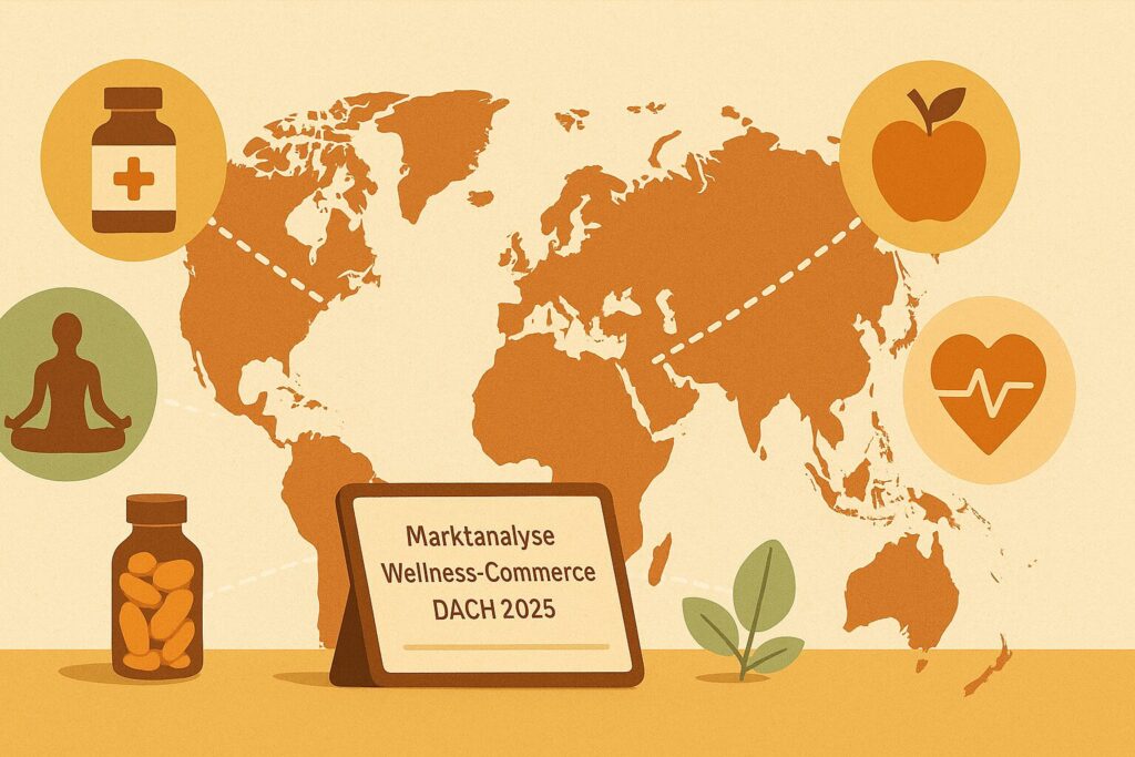 Eine Weltkarte mit stilisierten Icons für Wellness-Segmente – Supplement, Wearable, Spa, Meditation und gesunde Ernährung