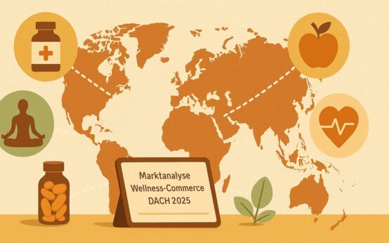 Eine Weltkarte mit stilisierten Icons für Wellness-Segmente – Supplement, Wearable, Spa, Meditation und gesunde Ernährung