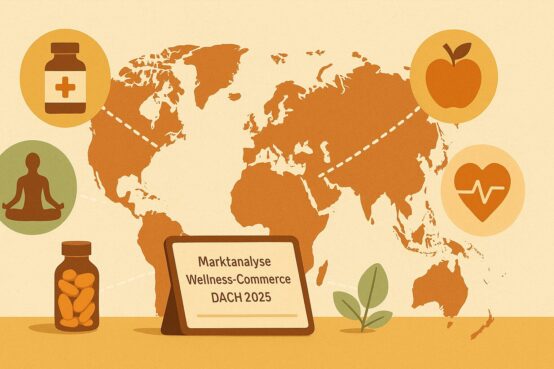 Eine Weltkarte mit stilisierten Icons für Wellness-Segmente – Supplement, Wearable, Spa, Meditation und gesunde Ernährung