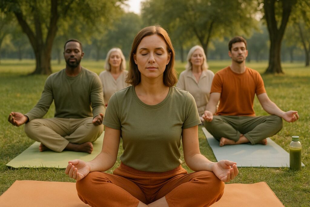 Yogagruppe im Park: vier Personen auf Yogamatten im Meditationssitz