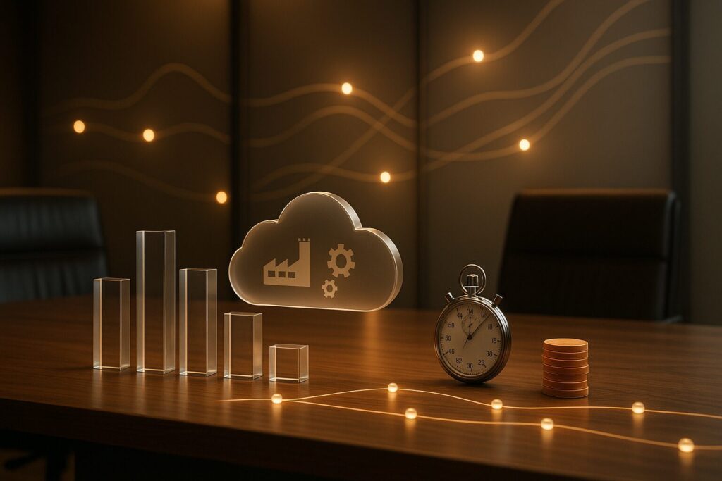 Neuronale Netzwerke umrunden einen Schreibtisch, auf dem ein Balkendiagramm, eine Wolke mit Produktionsicons und eine Stoppuhr zu sehen sind: Die Erstellung und Nachverfolgung passender KPIs kann durch den gezielten Einsatz von KI optimiert werden und die Ergebnisse verbessert werden.