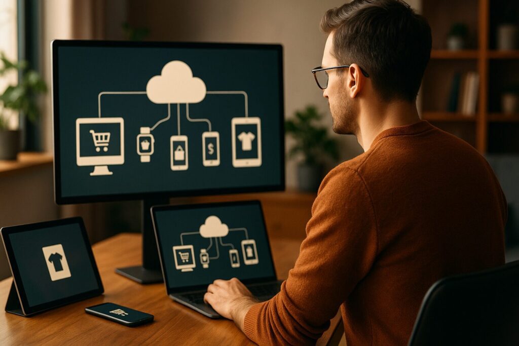 Rückansicht eines Mannes, der PC und Tablet vor sich har. Auf beiden sind Cloud- und Shopsymbole zu sehen Die meisten E-Commerce-Plattformen bieten Cloud-Hosting an, auch Shopify und Shopware.