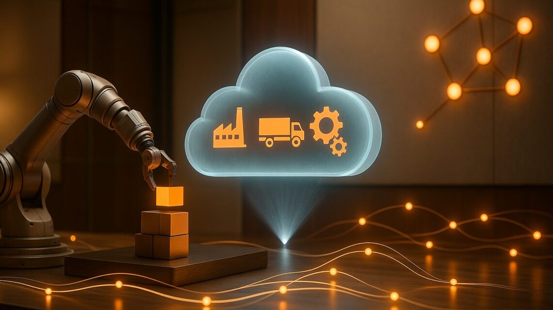 Ein Roboterarm arbeitet an Paketen. Daneben ist eine Wolke mit Symbolen für eine Fabrik, LKW und Zahnräder. Rundherum neuronale Netzwerke: Künstliche Intelligenz betrifft bereits heute viele Unternehemensbereiche: von der Produktion, über Vertrieb und Logistik bis hin zum Controlling.