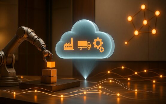 Ein Roboterarm arbeitet an Paketen. Daneben ist eine Wolke mit Symbolen für eine Fabrik, LKW und Zahnräder. Rundherum neuronale Netzwerke: Künstliche Intelligenz betrifft bereits heute viele Unternehemensbereiche: von der Produktion, über Vertrieb und Logistik bis hin zum Controlling.