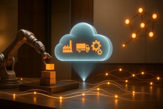 Ein Roboterarm arbeitet an Paketen. Daneben ist eine Wolke mit Symbolen für eine Fabrik, LKW und Zahnräder. Rundherum neuronale Netzwerke: Künstliche Intelligenz betrifft bereits heute viele Unternehemensbereiche: von der Produktion, über Vertrieb und Logistik bis hin zum Controlling.