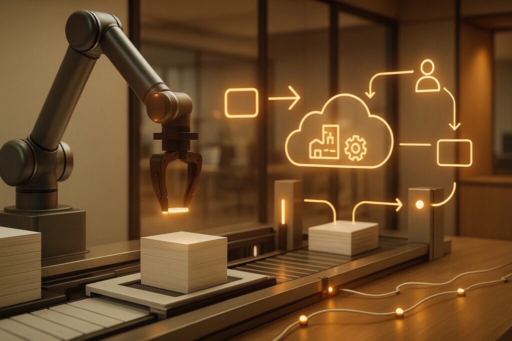 Ein Roboterarm arbeitet an Dokumentenstapeln am Fließband: Künstliche Intelligenz kann, richtig eingesetzt, die Bearbeitung von Dokumenten effizienter und fehlerfreier machen.