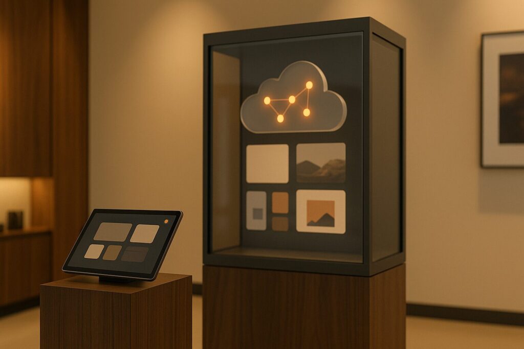 Eine Vitrine mit einer über den Inhalten schwebenden Wolke mit neuronalem Netzwerk, daneben ein Tablet: Künstliche Intelligenz wird auch entlang der Customer Journey im Verkaufsprozess zunehmend eingesetzt.