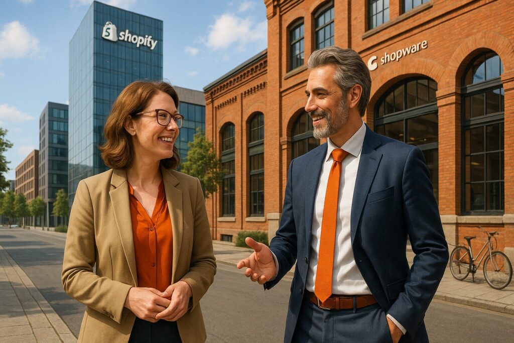 Zwei Gebäude im Hintergrund: ein Glastower, an dem Shopify steht und ein großes Ziegelsteingebäude, an dem Shopware steht. Davor zwei Mitarbeiter der Firmen.
