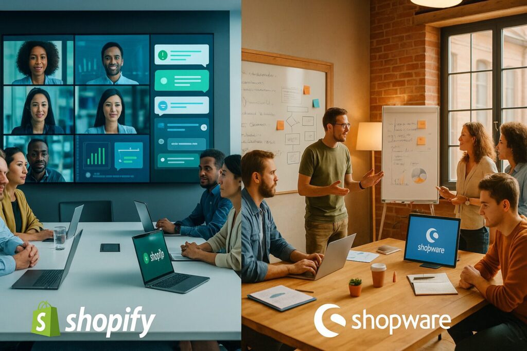 Zweigeteiltes Bild: Links Videokonferenz, rechts Präsentmeeting. Während Shopify ein Vorreiter im Remote Work war, pflegt Shopware stärker auch persönliche Beziehungen zu Geschäftspartnern.