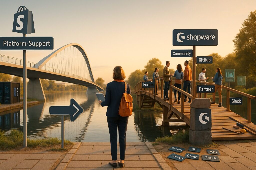 Frau vor zwei Brücken: Links eine moderne, leere Brücke und rechts eine Holzbrücke mit diversen Menschen: Shopify bietet klaren Kundensupport, wohingegen bei Shopware häufig die Community weiterhilft.