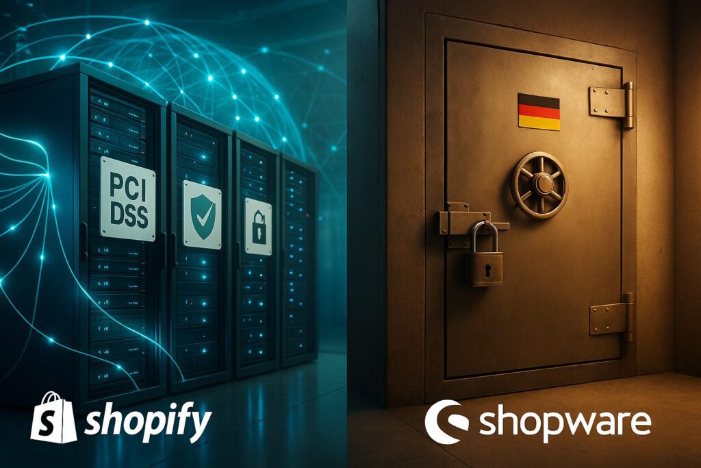 Zweigeteiltes Bild: Links Daten in einem neuronalen Netzwerk, rechts abgeschlossener Tresorraum: Shopware bietet mit der Möglichkeit des Selt-Hostings auch die Option, alle Daten in der eigenen Hand zu haben.