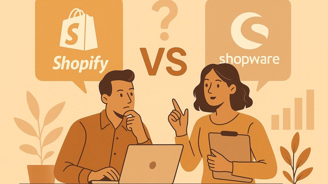 2 Personen diskutieren über die richtige E-Commerce-Plattform. Über ihnen 2 Sprechblasen,in denen "Shopify vs. Shopware" steht.