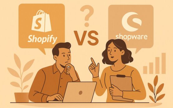 2 Personen diskutieren über die richtige E-Commerce-Plattform. Über ihnen 2 Sprechblasen,in denen "Shopify vs. Shopware" steht.