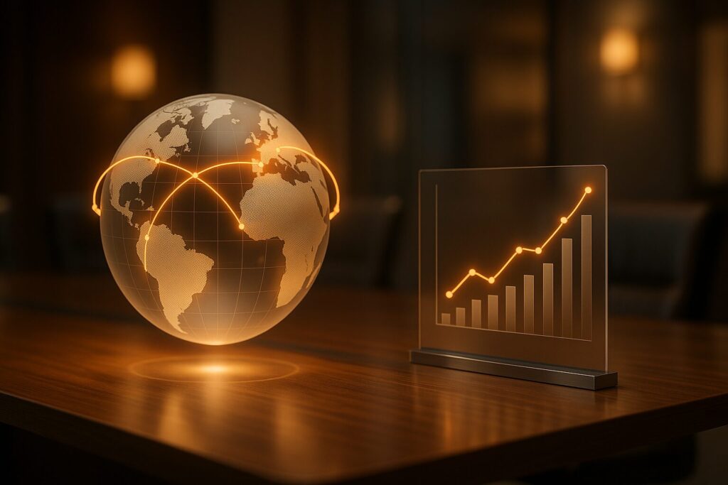 Wachstumsmarkt KI: Ein Globus, auf dem die Investitionshotspots Asien, Europa und USA miteinander verbunden sind schwebt neben einem aufsteigenden Graphen über einem Schreibtisch.